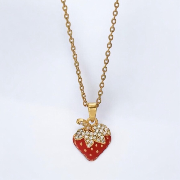 CZ Strawberry charm 18k gold plated necklace. New. - Picture 2 of 12